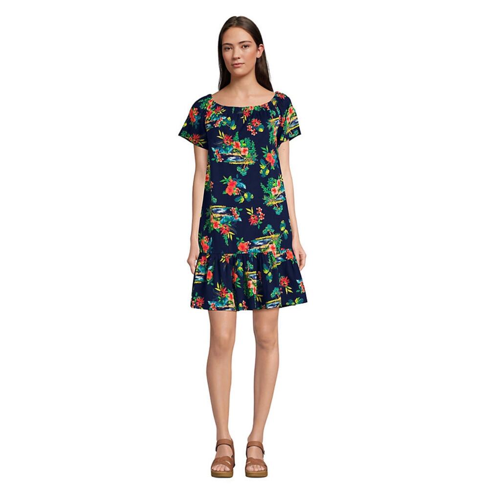 Lands End floral cotton jersey off shoulder dress womens XL tropical beachy‎